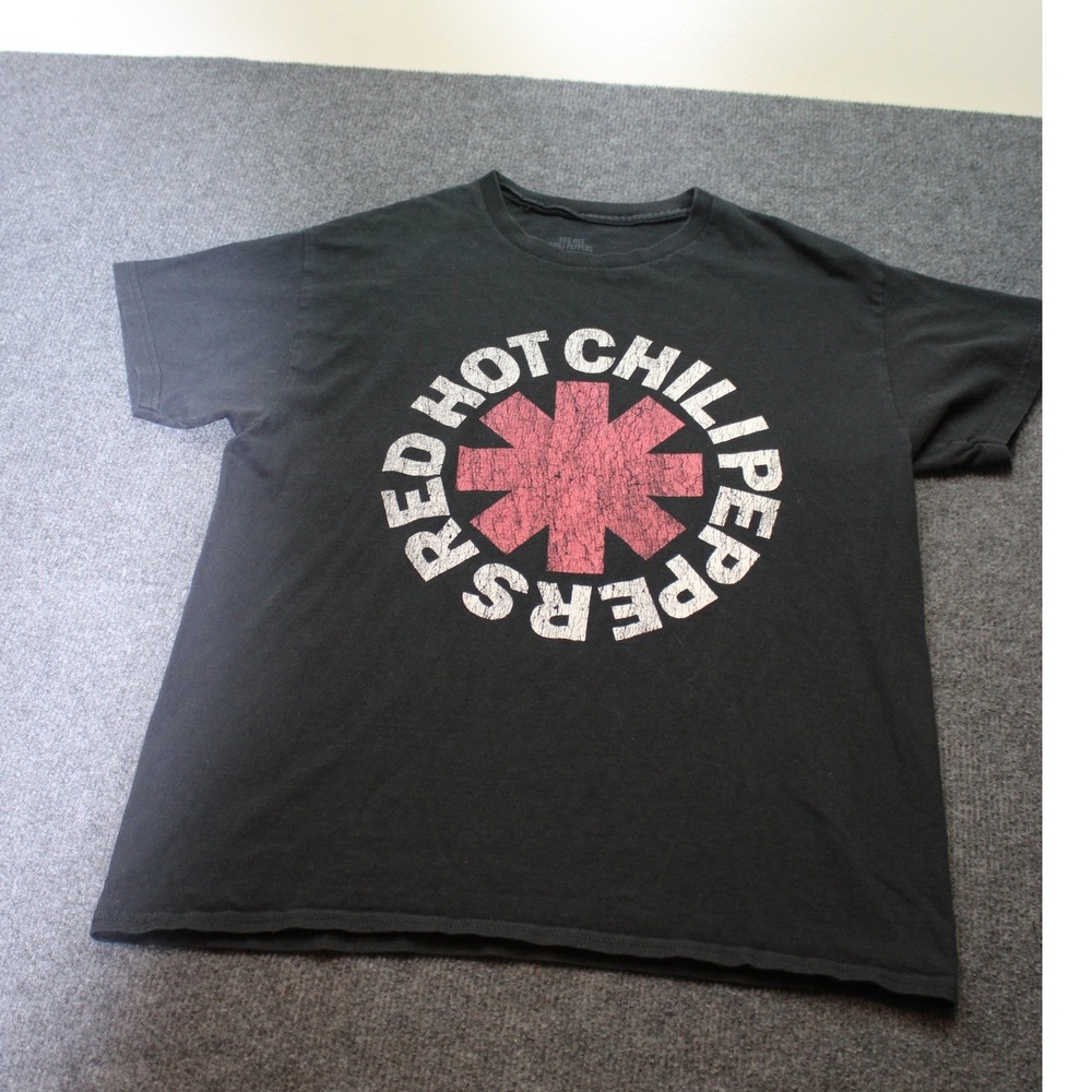 Red Hot Chili Peppers Band Logo Graphic T-Shirt Black Mens Large Distressed